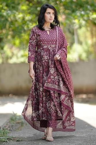 Image of Rajnandini Women Pure Cotton Jaipuri Printed Kurta And Pant With Dupatta Set (JOPLJPR867-P P)