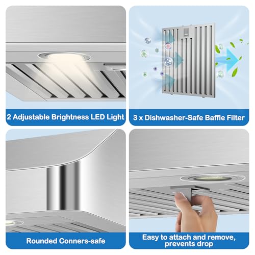 Image of 36 inch Under Cabinet Range Hood 1200 CFM with 4-Speed Gesture Sensing & Touch Control, Stainless Steel Kitchen Stove Vent Hoods with 2 LED Lights, Time Setting, Dishwasher-Safe Baffle Filters