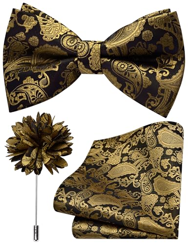 Branduce Paisley Black Gold Bow Tie Set for Men Wedding Silk Bowties Pocket Square and Lapel Pin Brooch Set (BB11-44)