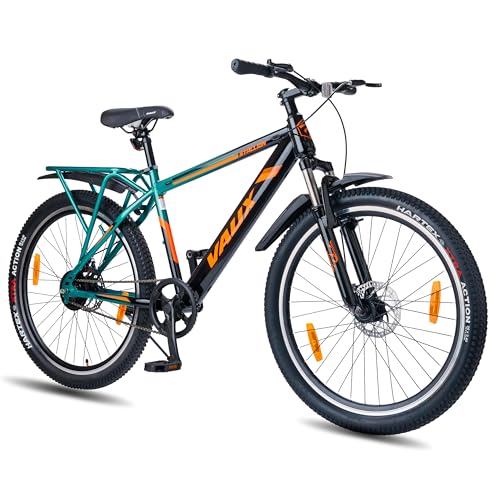 Image of Vaux Stallion-Pro 26inch Cycle for Men with Integrated Carrier IBC| 17 inch Steel Frame| Dual-Tone Colors| Dual Disc Brakes| 26 X 2.4 Nylon Tyres| Front Suspension| Single Speed(Green-Black)