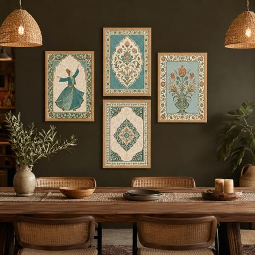 Image of Livin'luxe Set of 4 Persian Floral & Sufi Dancer Wall Paintings with Sparkle Laminate and Premium Wooden Synthetic Frame for Living Room Bedroom Office Decor (13.5 x 19.5 Inch)