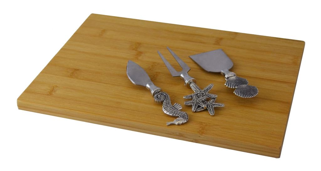 Bamboo Cheese Board Charcuterie Platter Set with Prong Fork and Two Knives in Silver Nautical Themed
