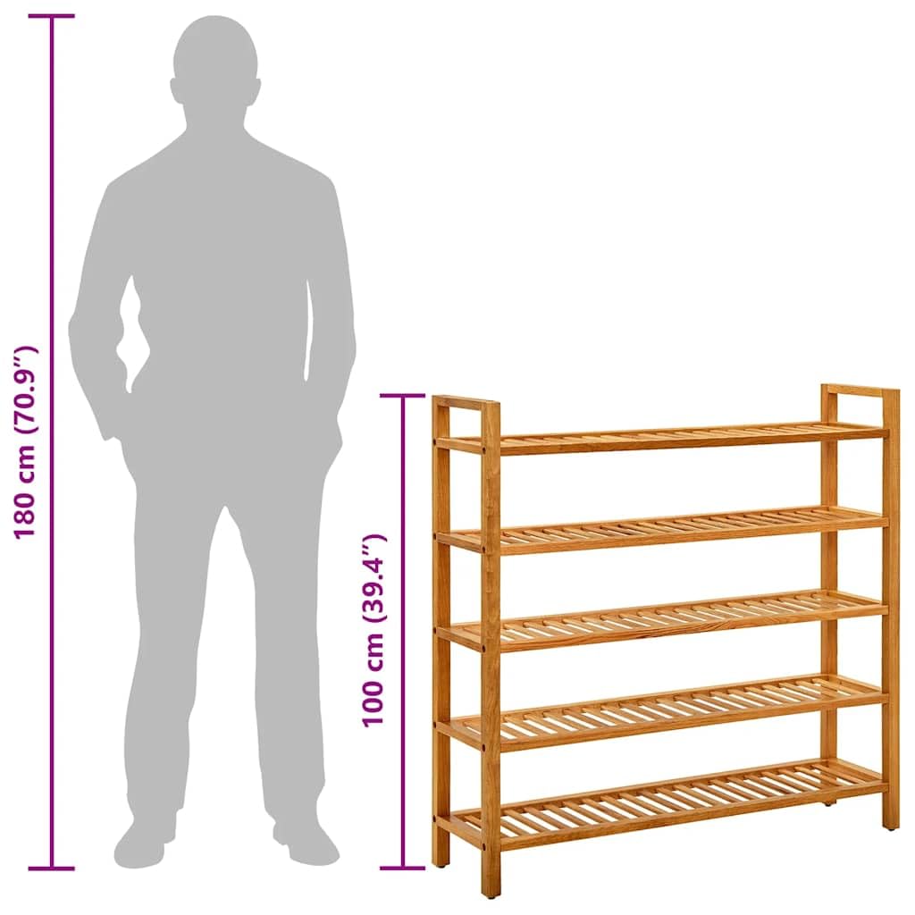 Regał na buty z 5 półkami z litego drewna dębowego, 100 x 27 x 100 cm, nie zajmuje dużo miejsca i można układać w stos, do korytarza, przedpokoju, przedpokoju, systemu porządkowania butów i
