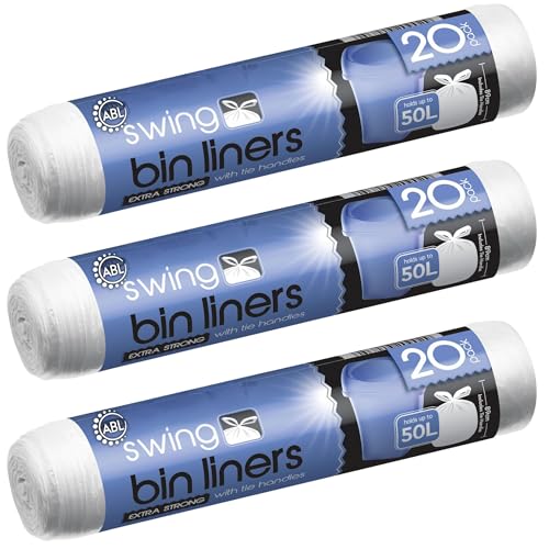 Extra Strong Swing Bin Liners with Tie Handles 3 Rolls x 20 Bags 50L White Plastic Bin Bags Leakproof Bin Bag 89 cm x 120cm 60 bags