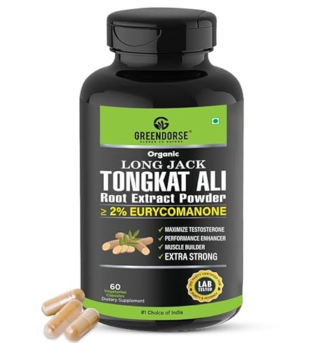 GREENDORSE Organic Tongkat Ali Extract Capsules | 2% Eurycomanone by HPTLC | Enhanced testosterone level, Stamina and Stress tolerance, Veg Capsules-60
