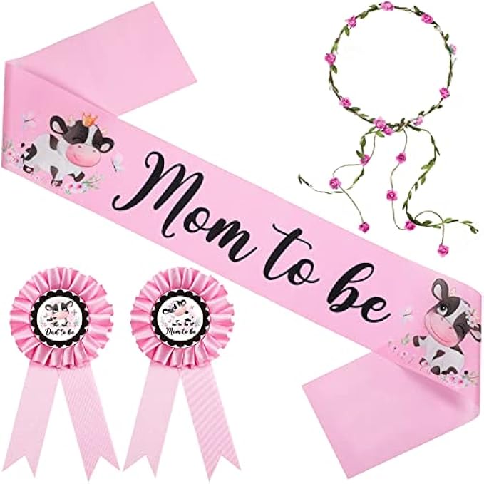 Chunful Cow Theme Pink Mom to Be Sash Baby Shower Dad to Be Pin and Flower Crown Headband for Gender Reveals Party Baby Shower Party Decorations for Boys and Girls Pregnancy Props Keepsake Gift