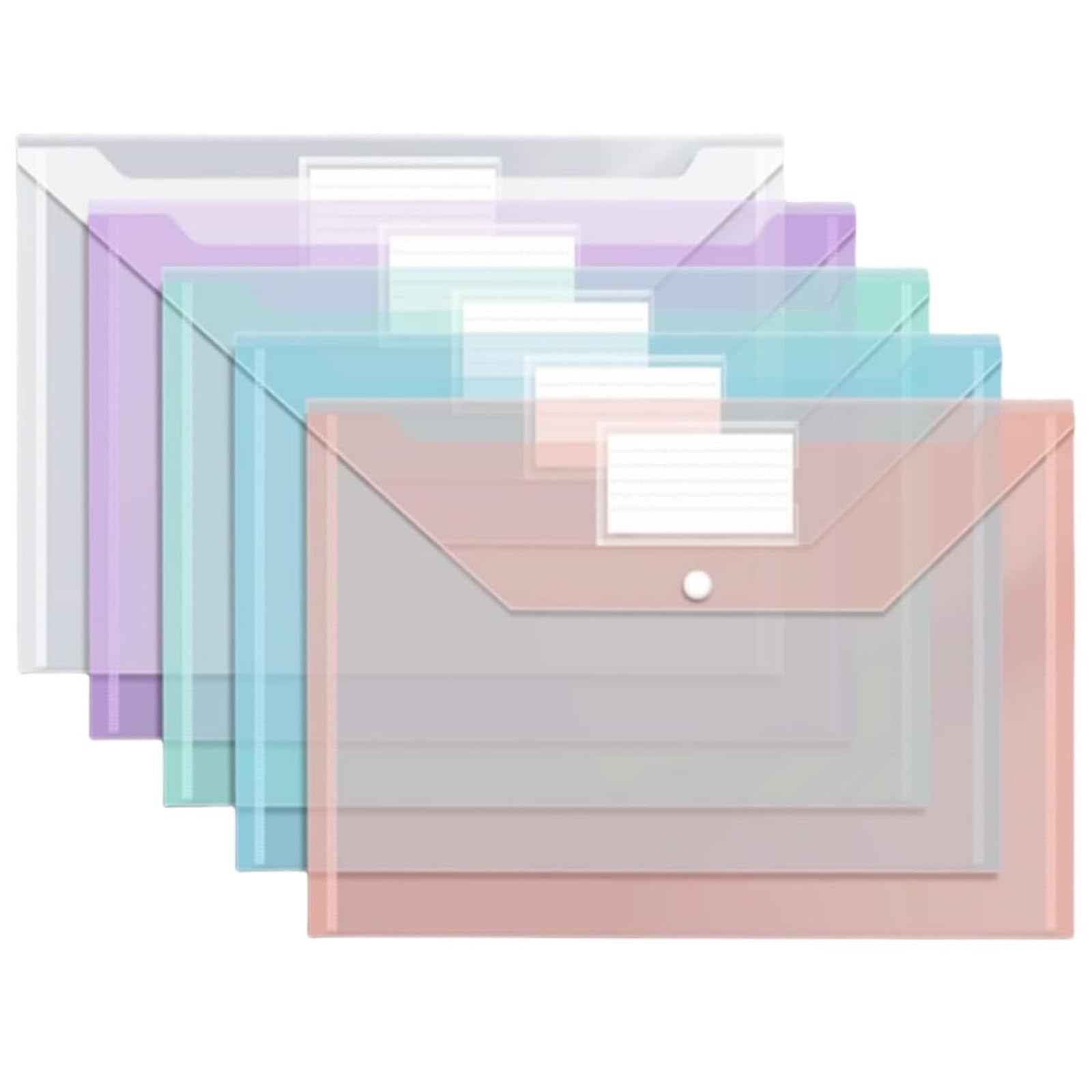 cartelle in plastica Confezione da 20 buste trasparenti in plastica A4 con chiusura a bottone automatico, cartelle impermeabili, organizer formato lettera for scuola, ufficio, casa cartelle