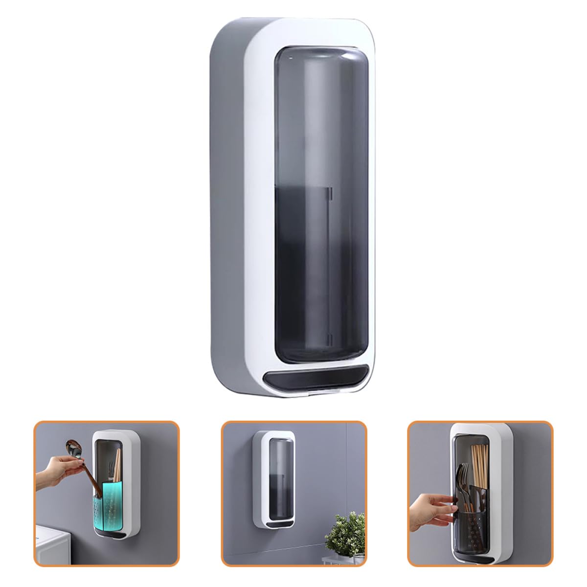 Housoutil Caja Porta Utensilios de Cocina Gris Drenaje y Diseño Giratorio Soporte de Pared para Cubiertos y Palillos Organizador Compartimentos para Cucharas y Tenedores Almacenamiento