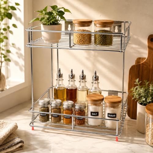 Image of Zepdos 2 Tier Stainless Steel Kitchen Organizer Rack, Wall Mounted Spice Rack & Countertop Storage Shelf for Kitchen, Bathroom & Pantry, Multipurpose Storage Stand for Jars, Oil Bottles & Utensils