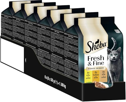 SHEBA Portionsbeutel Katzennassfutter Multipack Fresh & Fine in Sauce mit Huhn und Truthahn, 6x6x50g - Leckeres Katzenfutter in Sauce für verwöhnte Katzen 1