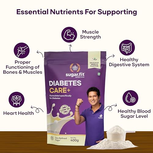 Image of Sugar.fit | Active Foods Diabetes Care+ Supplement Powder 400g, High-Protein Soy & Whey Blend, 30 Vitamins & Minerals, Low GI, Zero Refined Sugar, Vanilla Flavour