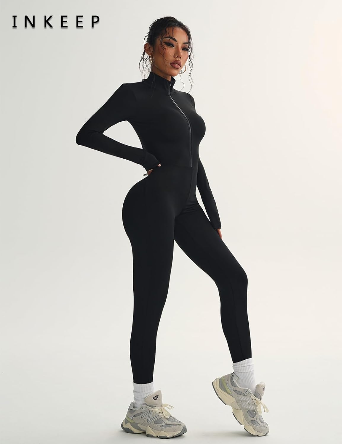 Jumpsuits for Women Workout Zip Up Romper Tummy Control Long Sleeve One Piece Bodysuit - Image 6