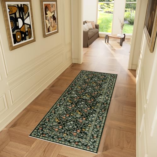 Image of Vintage Botanical Dark Green Washable Runners for Hallways, 2x6 Runner Rug Non Slip Ultra-Thin, Boho Soft Hallway Rug Forest Green Carpet for Kitchen Bedroom Bathroom Laundry Room