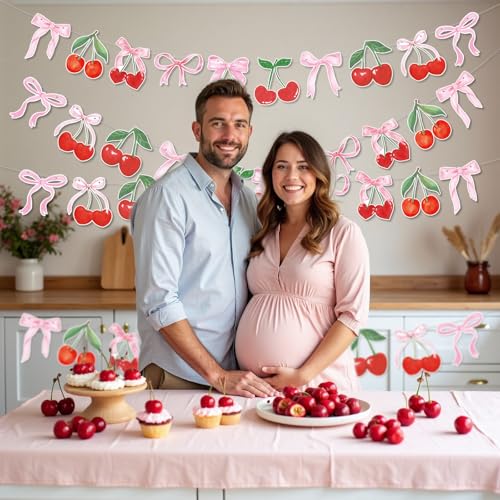 Image of Cherry Party Decorations Cherry and Bow Hanging Banner 4PCS Cherry On Top Baby Shower Decorations for Birthday Bridal Shower Bachelorette Wedding Party Supplies