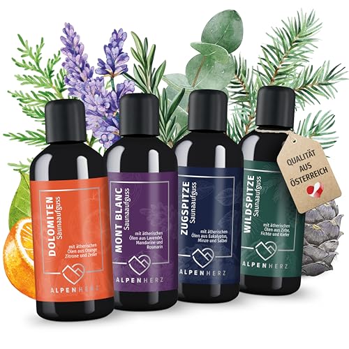 Alpenherz Saunaaufguss Set - 100% naturrein 4x 100ml mit ätherische Öle aus Lavendelöl, Eukalyptusöl, Zirbenöl & Minze Saunadüfte Aufgussmittel Saunaöl Sauna Zubehör Saunaduft Aufguss Geschenkset