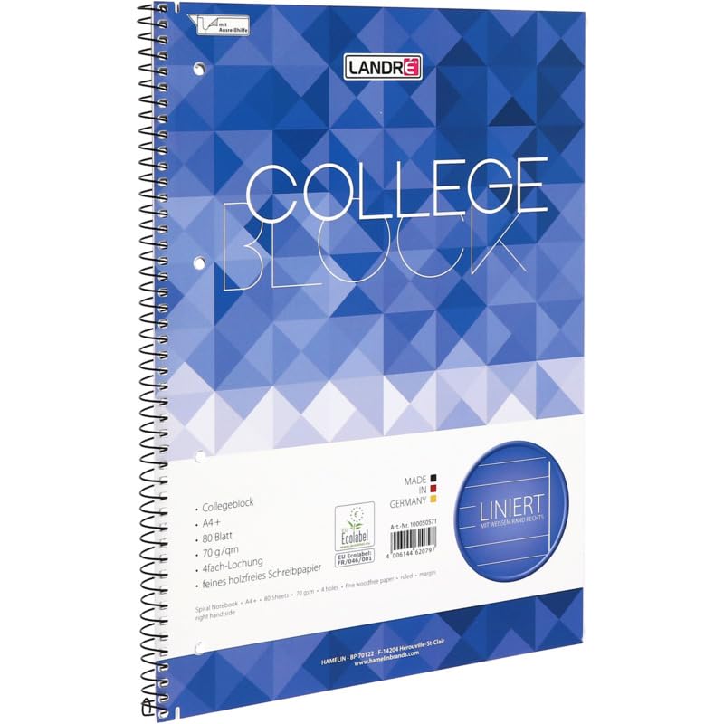 Landdr - Blocco universitario "college", formato DIN A4, a righe, 80 fogli