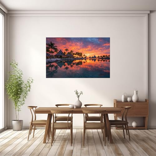 Impression sur toile coucher de soleil ville balnéaire posters salon orange