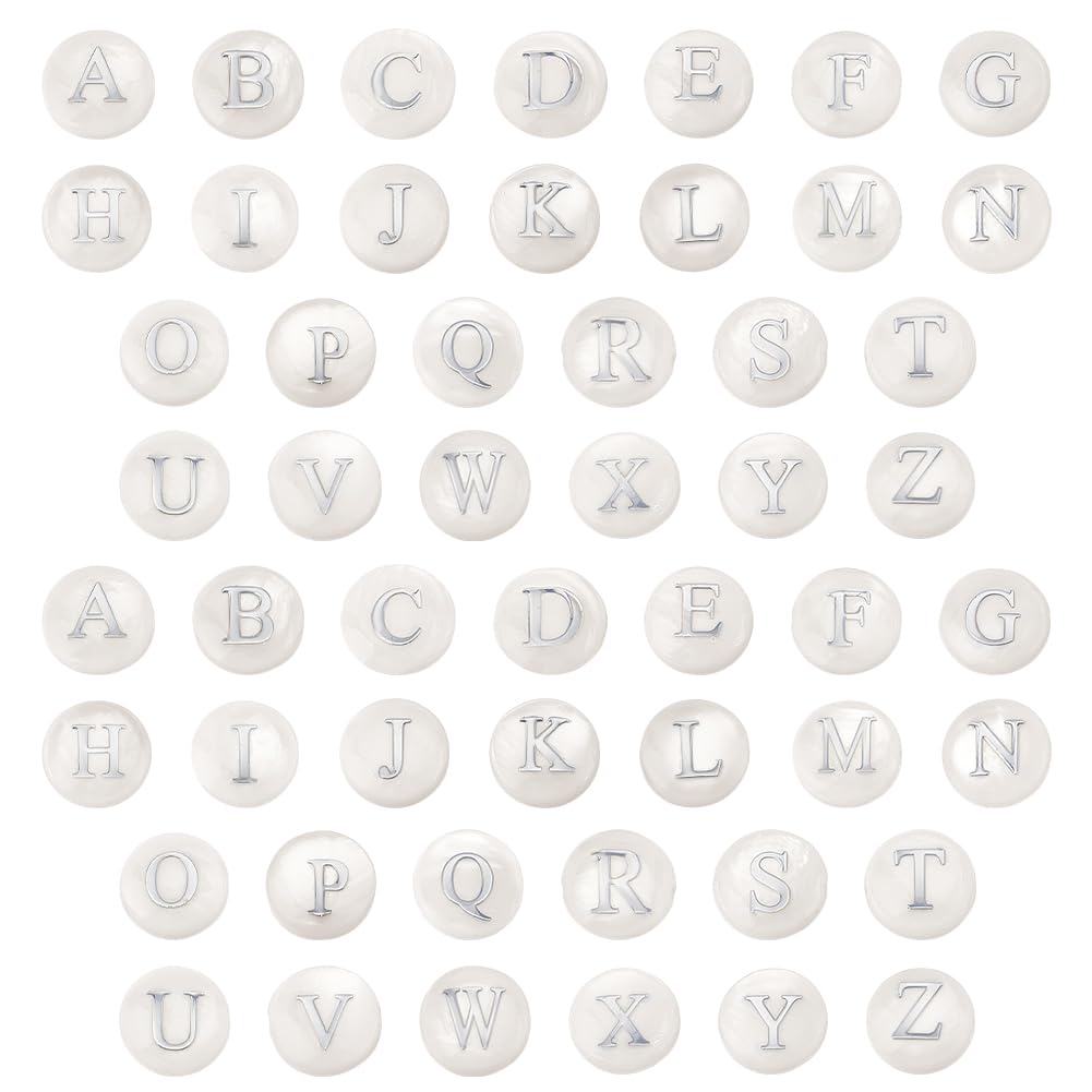 PH PandaHall 52pcs A-Z Alphabet Beads 8mm Natural Freshwater Shell Beads Seashell Letters Bead Flat Round Ocean Bead with Letter Initial for Jewellery Making Summer Bracelets Necklaces Earring