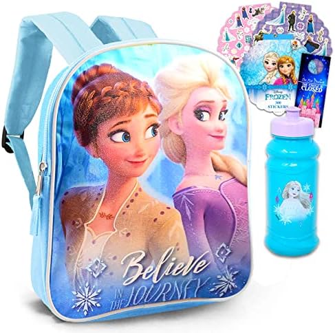 Disney Frozen Elsa Backpack Set For Girls ~ 4 Pc Bundle With Deluxe 15" Frozen School Bag, Water Bottle, Frozen Stickers, And More | Frozen Princess School Supplies For Kids
