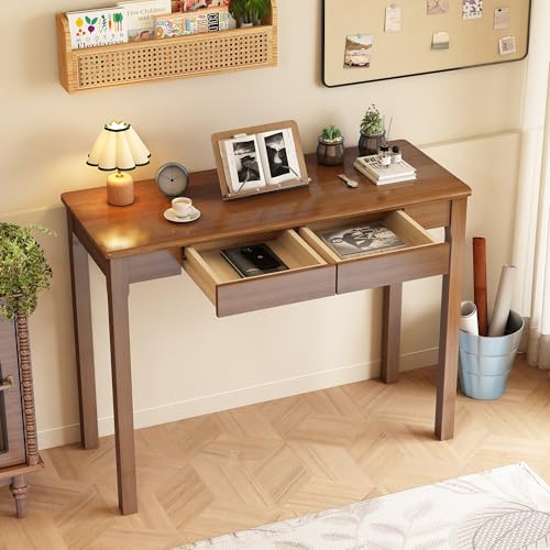 WOPITMER Solid Wooden Desk with Drawers - 39 x 16 Inch Narrow Desks, Rubberwood Mid Century Modern Desks, Small Writing Desk for Bedroom|Small Spaces - Walnut Color