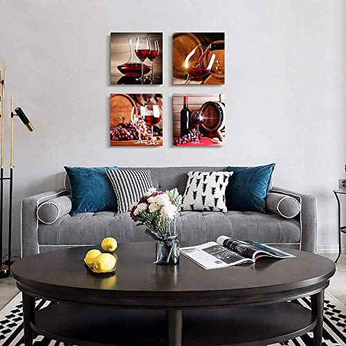 Image of Kitchen Wall Art for Dining Room Wall Decor Still Life Wine Fruit Goblet Canvas Prints Artwork Wine Barrel bar Watercolor Painting Family Wall Decorations Restaurant Bedroom Decor 4 Piece Set