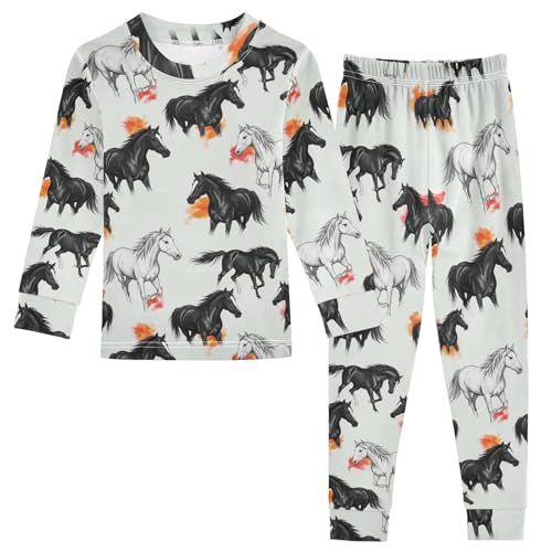 ODAWA Kids Black White Horses Long Sleeve Tee and Pant 2-piece Set Fall Outfits 18M