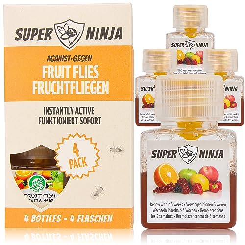 Super Ninja Fruit Fly Trap - 4 Traps - Highly Effective Ecological Fruit Fly Traps Indoor - Environmentally Responsible Fruit Fly Killer - User Friendly - Up to 3 Weeks per Bottle