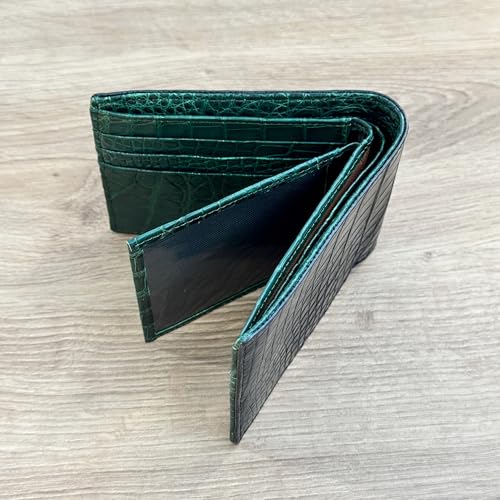 Image of HATA Black Green Bifold Leather Wallet for Men, Exotic Double-Sided Leather Wallet with RFID Blocking & ID Window Credit Card Holder, Handmade Gift for Birthday, Anniversary, Father's Day HDV1272
