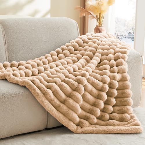 Image of BEDELITE Faux Fur Throw Blanket for Couch, 770GSM, 50 inch x 60 inch, Brown | Soft and Cozy Luxurious 3D Striped Fluffy Blanket, Warm Plush Fuzzy Faux Rabbit Fur for Women Gift, Stylish Room Decor