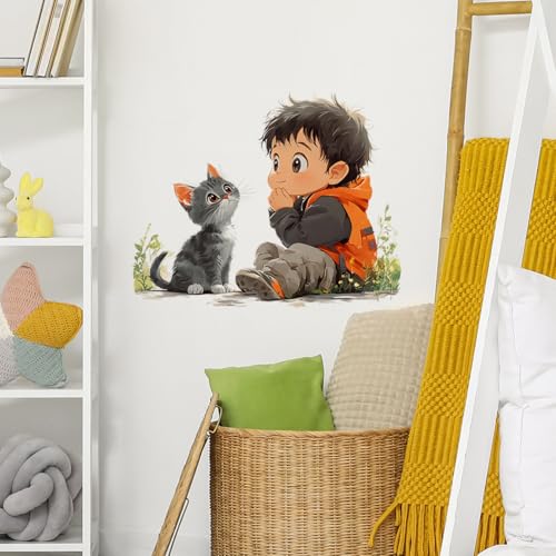 Vinilo Decorativo Acuarela Niño y Gato Achang miniatura 3