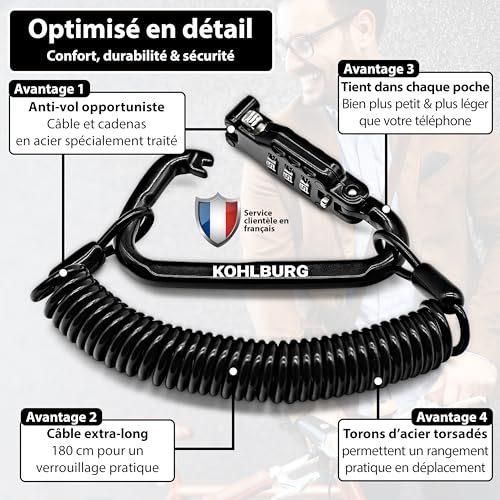 Câble antivol à code KOHLBURG 180 cm flexible pour casque et ski - 6