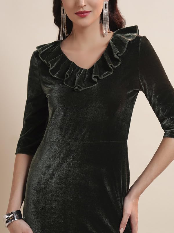 Image of Vaararo V-Neck Party Dress for Women Bodycon | Shiny Velvet Half Sleeves Above Knee Length Outfit