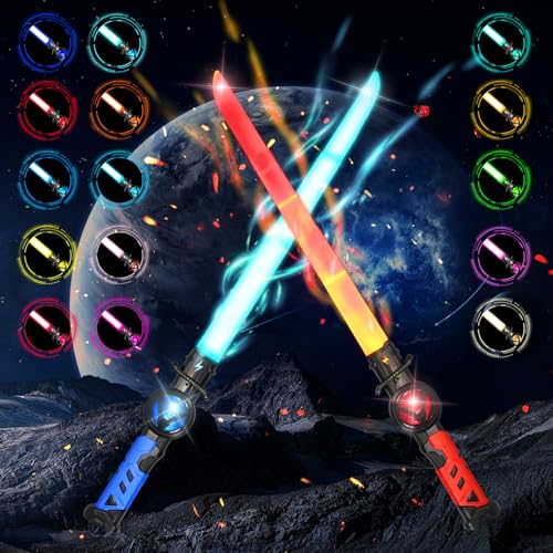 Meleager Espadas Láser Niños, 2 Piezas Retráctiles Espada de Luz Juguete(Rojo+Azul), 15 Colores, 2 en 1 Sable Laser, Recargable, 68cm, Regalo para Halloween, Navidad, Cosplay, Carnaval