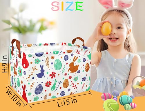 Image of Rectangle Empty Easter Baskets Boy Large Toy Storage Bin Girls collapsible Hamper Waterproof Canvas Box Kid Gifts Spring Decor( boho Red Rabbit )