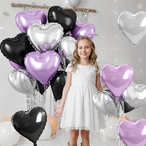 Image of Purple and Black Heart Balloons, 10 Pcs Light Purple Silver Heart Shape Foil Balloon 18 Inch Birthday Balloons for Girls Princess Theme Birthday Wedding Valentines Baby Shower Party Decoration