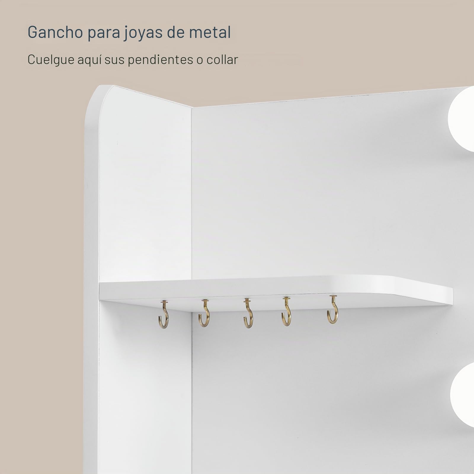 Tocador, Tocador de Maquillaje con Luces y Espejo, Mesa de Maquillaje con Toma de Corriente, Mesa de Maquillaje con 4 Cajones, 4 Estantes Abiertos, 5 Ganchos de Joyería para, Blanco