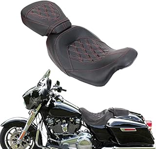 Driver and Passenger Seat Low-Profile Seat Compatible with Harley Touring Road King Street Glide Electra Glide Road Glide CVO 2009-2022 (StyleB#Red Stitching)