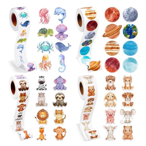 Auriselle 4 Rollo 2000 Pieza Pegatinas Rollo Pegatina Infantiles Animal Planet, DIY Pegatina Educativas, Resistentes Al Agua Pegatinas Para Álbumes De Recortes Infantiles, Álbumes De Fotos Regalos