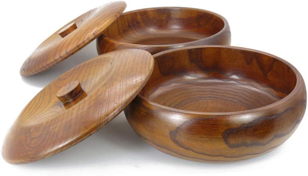 Saladier en Bois Bol à Soupe en Acacia Faite Main Assiette de Fruits Secs avec Couvercle,15 * 8.5cm