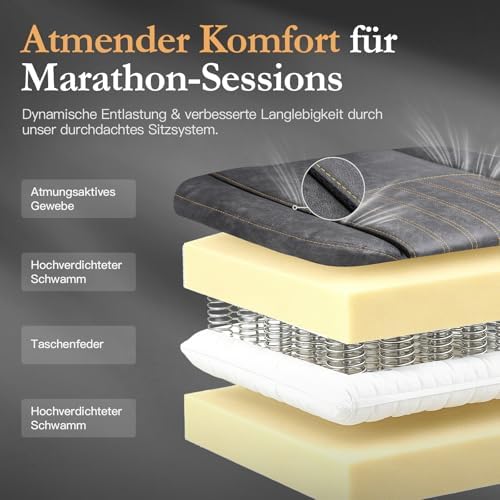 6. Bild von Dowinx Gaming Stuhl mit Frühling Kissen,Racing Gamer Stuhl mit Massage, Ergonomischer Gaming Sessel mit Fußstütze Bürostuhl PU Leder Grau