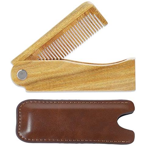 Onedor Handmade 100% Natural Green Sandalwood Fine Tooth Wooden Comb for Men Hair, Beard, and Mustache Styling Pocket Comb With Leather Case (Folding) Cover