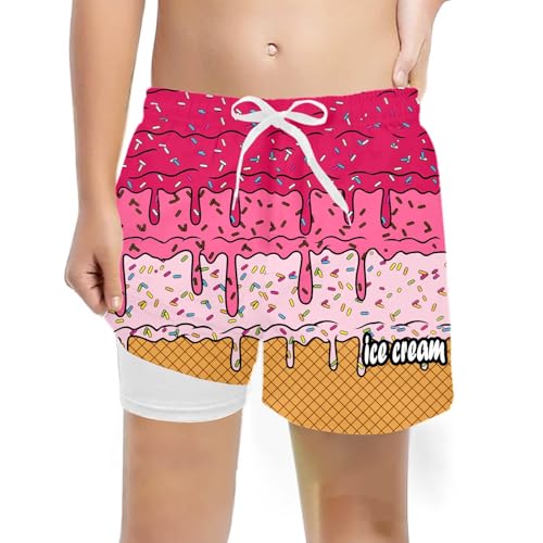 Ice Cream Boys Casual Shorts with Compression Liner Elastic Waist Shorts with Pockets Summer Beach Pool Swimwear