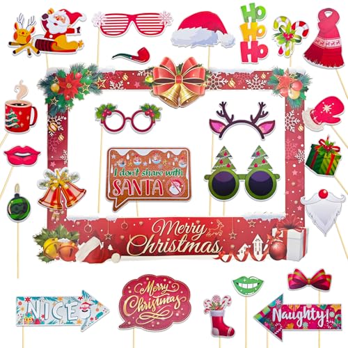 Qpout Acessórios para cabine fotográfica de Natal com moldura de Feliz Natal, 24 peças de acessórios de fotografia de Natal para selfies, acessórios para presentes de festa de férias