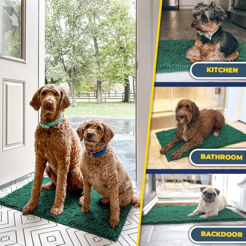 Muddy Mat® AS-SEEN-ON-TV Highly Absorbent Microfiber Dog Door Mat and Pet Rug, Non Slip Thick Washable Area and Bath Mat Soft Chenille for Kitchen Bathroom Bedroom and Indoor-Dark Green Runner 24"X60"