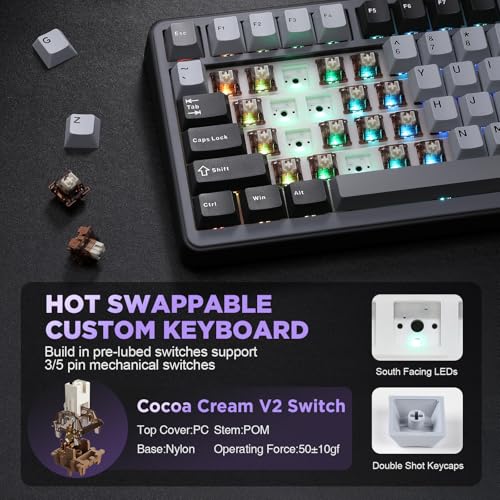 Image of YUNZII B75 Mechanical Keyboard,75% Layout with Knob,Hot Swappable RGB Backlit Gasket Mounted, Creamy Typing, Double-Shot PBT Keycaps,Cherry Profile,for Win /Mac (Dark Grey, Cocoa Cream V2 Switch)