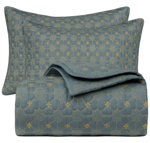 Image of VAS COLLECTIONS 100% Cotton Quilted Bedcover Set, 280 TC Soft & Lightweight King Size (90x100 in / 228x254 cm), Coverlet with 2 Pillow Covers (Steel Blue)