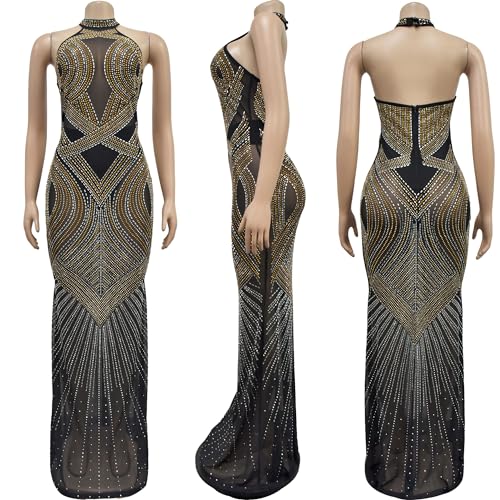 Image of PORRCEY Women's Sexy Hot Drilling Craft Dress Bodycon Party Club Night Out Mesh See Through Maxi Dress(6811,Black,XXL), XX-Large