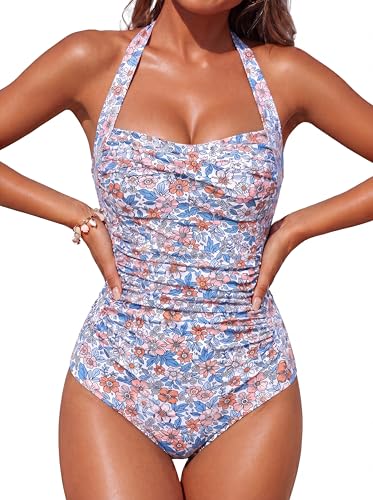 Image of Smismivo Tummy Control Swimwear Halter One Piece Slimming Vintage Retro Swimsuit Womens Ruched Push Up Bathing Suit