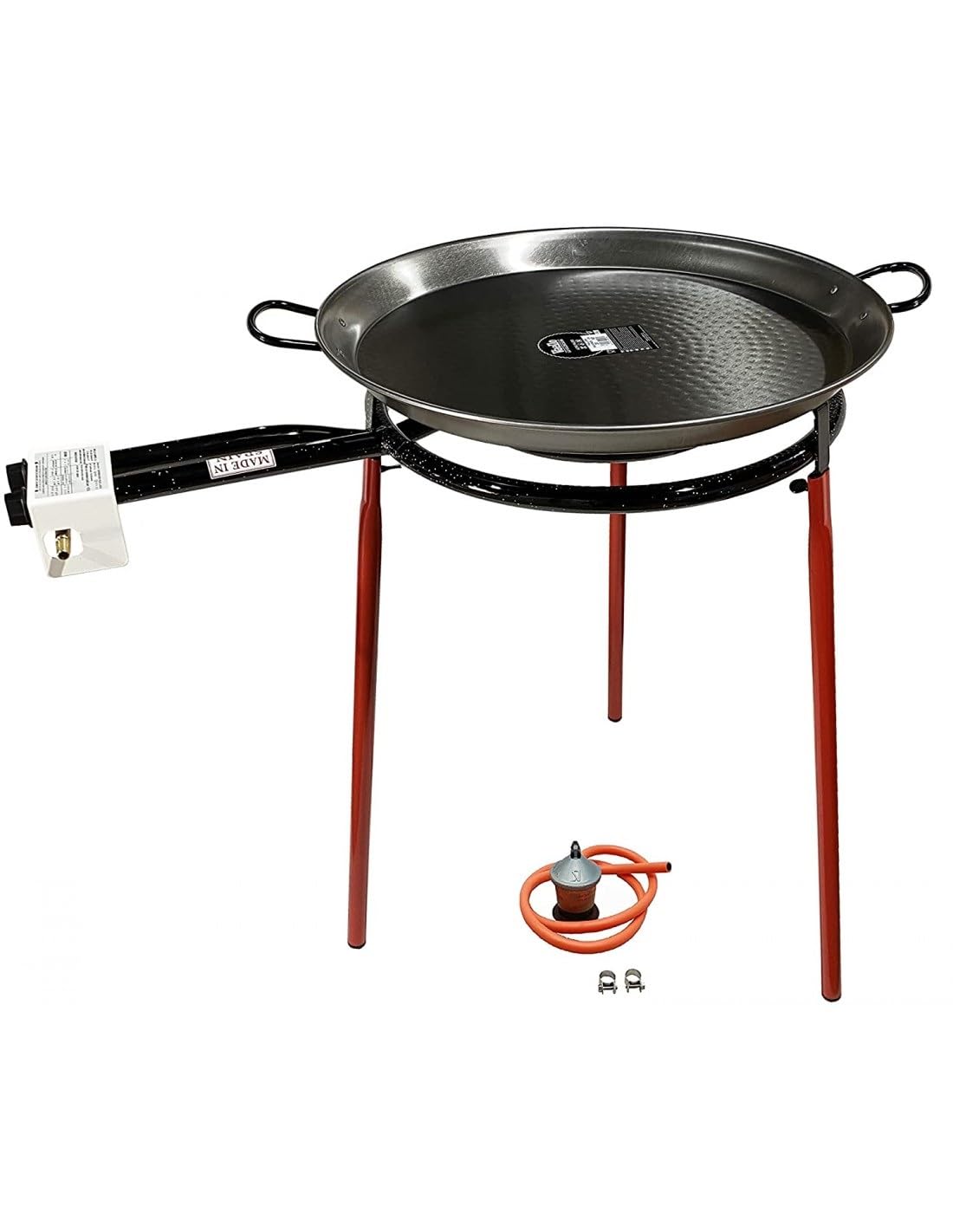 FERRETERIA LEPANTO Kit Paellero, Quemador a Gas butano, paellera acero pulido, regulador de Gas + 1,5 metros de Manguera, soporte de 3 Patas reforzadas (60)
