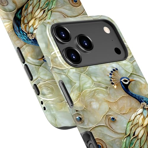 Image of Goodon for iPhone 17 Pro Max Case Cute - Wireless Charging Compatible - Dual-Layer Hard Shell + Silicone Cover - Protective Phone Case with Trendy Designs for Women - Peacock and Flower